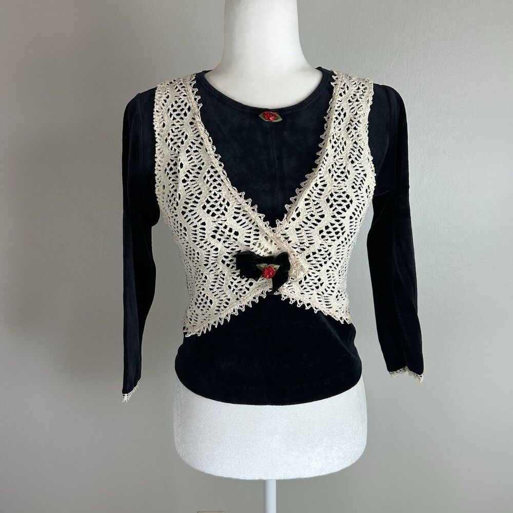 Velvet Crochet vest XS S Top Blouse Rose Floral Boho Y2K Vintage Peasant Prairie